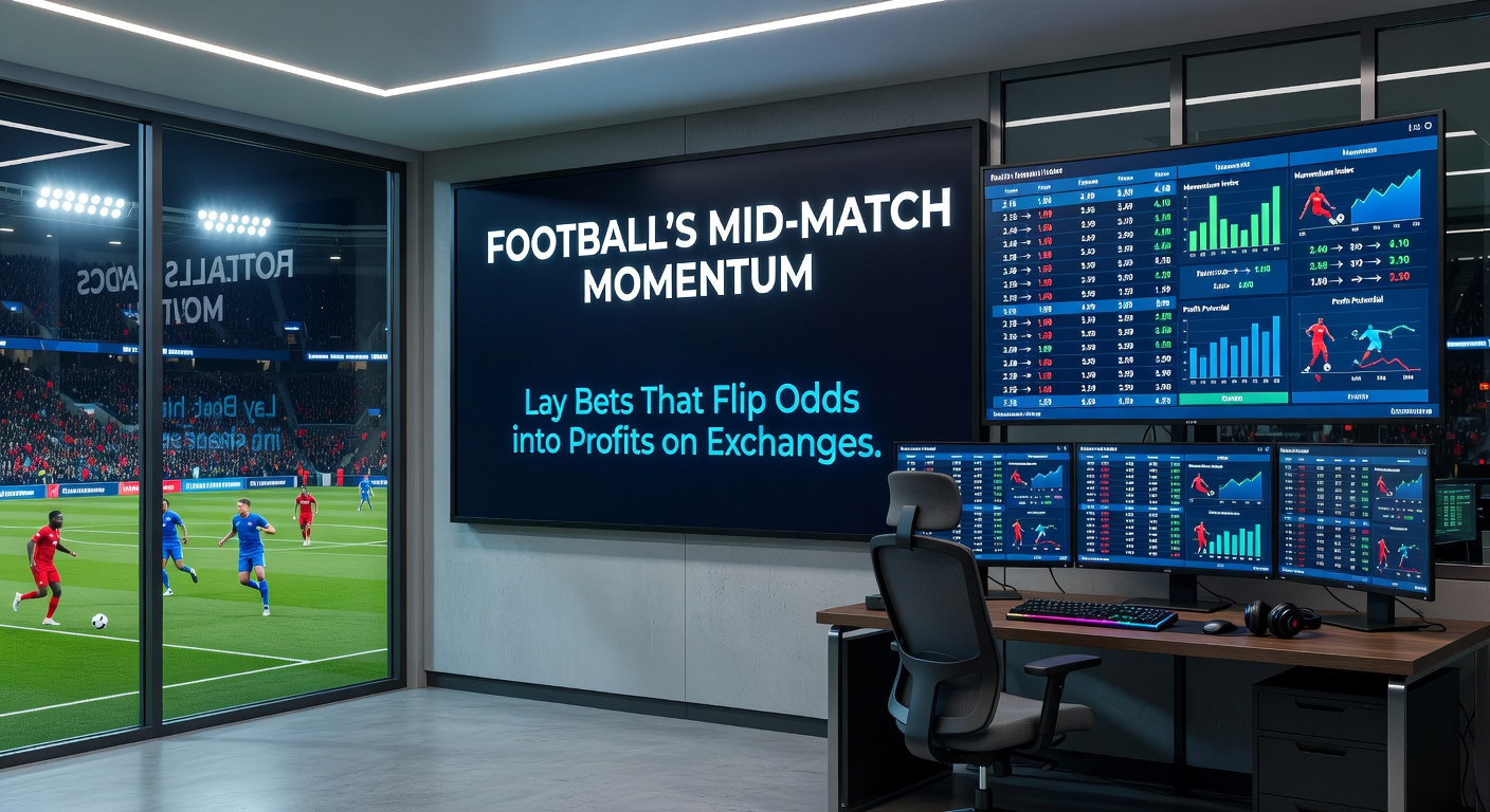 Live football match screenshot with momentum chart, betting interface showing lay opportunities mid-game