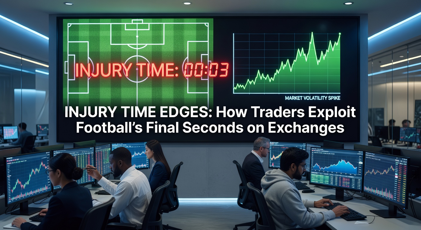 Traders monitoring live football match on betting exchange screens during injury time, graphs showing odds fluctuations in final seconds