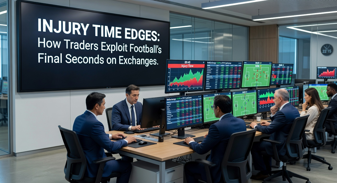 Close-up of a football pitch clock ticking into injury time, overlaid with betting exchange charts displaying rapid odds movements and trade executions