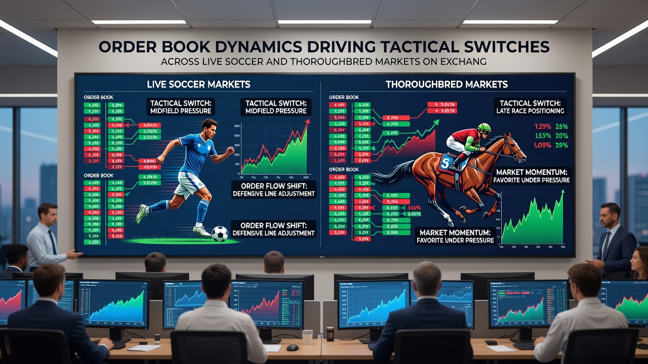 Thoroughbred racing order book layers illustrating liquidity shifts before race start on exchange platforms