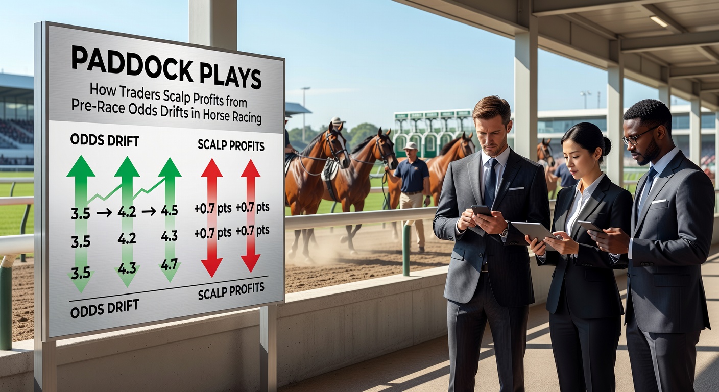 Traders monitoring horses in the paddock, with odds screens showing pre-race drifts
