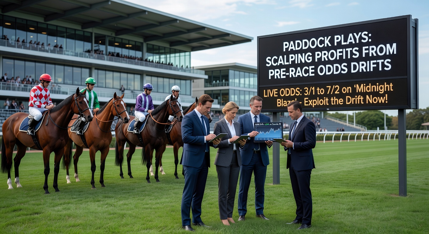 Close-up of a horse in the paddock showing tension, overlaid with odds chart drifting pre-race