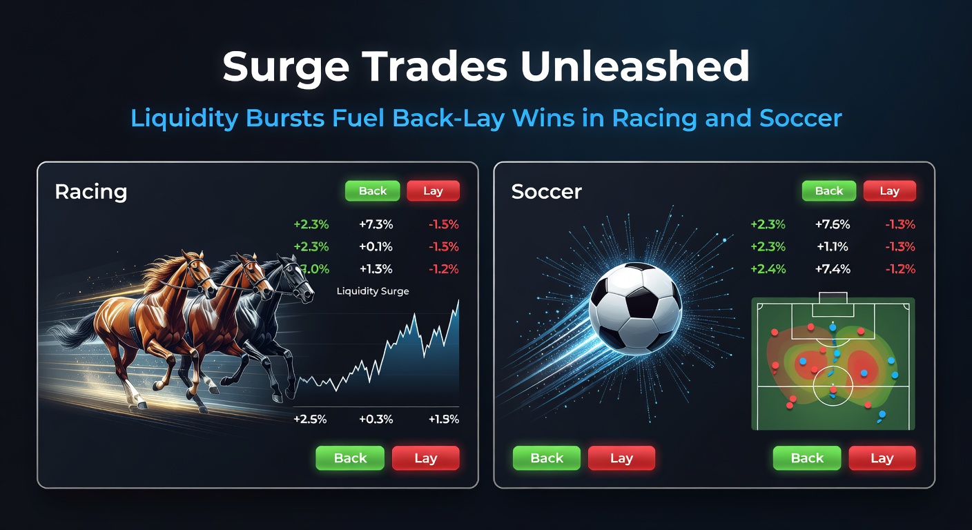 Soccer stadium scene overlaid with betting exchange graphs illustrating a liquidity burst during a goal-mouth scramble, odds flipping from back to lay